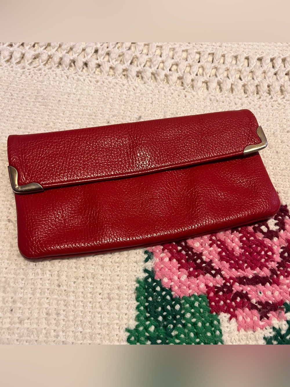 Vintage Red Leather Fold Clutch Wallet, Metal Corner Caps, Brass Snaps, 1960s-70